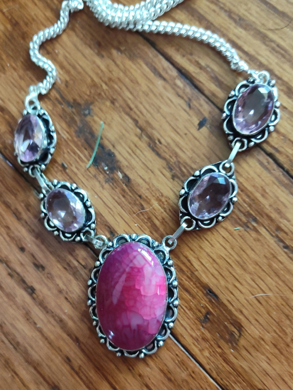 Dragon Vein Chalcedony 925 Sterling Necklace 4 Pink Facetted Glass Stones 24"